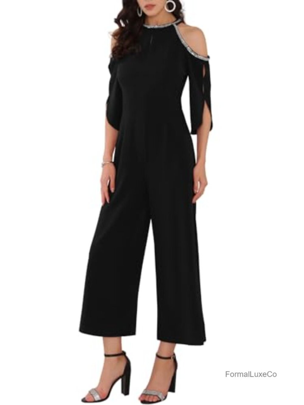 Wide Leg Formal Jumpsuit Cold Shoulder Split Sleeve Sequin Party Cocktail